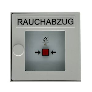 Graues Bedienfeld mit der Aufschrift „RAUCHABZUG“, rotem Druckknopf und Pfeilsymbolen.